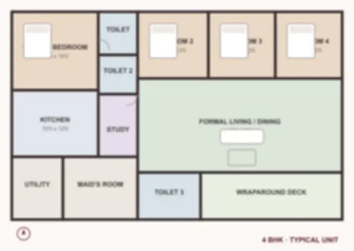 4 BHK floor plan, blurred